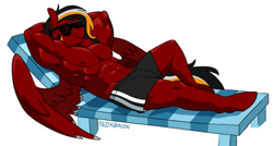 Size: 1221x656 | Tagged: safe, artist:redxbacon, oc, oc only, oc:margon, pegasus, anthro, armpits, clothes, male, muscles, partial nudity, simple background, solo, sunglasses, swimsuit, topless