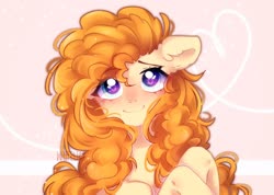 Size: 1802x1284 | Tagged: safe, artist:whiteliar, pear butter, earth pony, pony, g4, blushing, bust, cute, ear fluff, female, heart, mare, pearabetes, pink background, portrait, simple background, solo