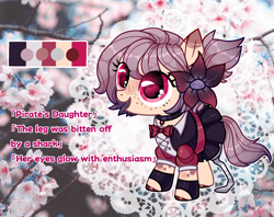 Size: 1468x1162 | Tagged: safe, artist:taigokatsuki, oc, oc only, oc:lilac puddles, earth pony, pony, amputee, bowtie, choker, clothes, cute, dress, female, filly, fingerless gloves, flower, flower in hair, freckles, gloves, markings, ocbetes, open mouth, pirate, pleated skirt, prosthetic leg, prosthetic limb, prosthetics, reference sheet, skirt, solo