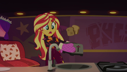 Size: 1920x1080 | Tagged: safe, screencap, sunset shimmer, equestria girls, equestria girls specials, g4, my little pony equestria girls: better together, my little pony equestria girls: sunset's backstage pass, bread, female, food, solo, toast, toaster