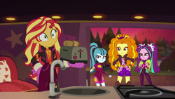 Size: 1920x1080 | Tagged: safe, screencap, adagio dazzle, aria blaze, sonata dusk, sunset shimmer, equestria girls, equestria girls specials, g4, my little pony equestria girls: better together, my little pony equestria girls: sunset's backstage pass, bread, caught, female, food, the dazzlings, the dazzlings tour bus, toast, toaster