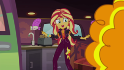 Size: 1920x1080 | Tagged: safe, screencap, adagio dazzle, sunset shimmer, equestria girls, equestria girls series, g4, sunset's backstage pass!, spoiler:eqg series (season 2), bread, female, food, toast, toaster