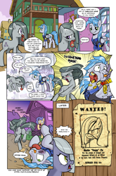Size: 1268x1920 | Tagged: safe, artist:pencils, limestone pie, marble pie, oc, oc:sky shatter, earth pony, pegasus, pony, comic:marble mare manquee, g4, angry, bruised, butt, censored, censored vulgarity, clothes, coin purse, comic, crying, dialogue, dizzy eyes, dock, female, green eyes, looking away, male, mare, mouth hold, necktie, on back, open mouth, outdoors, plot, poster, purple eyes, shaking, sheriff, shy, speech bubble, stallion, sweat, that escalated quickly, thought bubble, tongue out, wanted poster