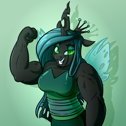 Size: 4000x4000 | Tagged: safe, artist:witchtaunter, queen chrysalis, changeling, changeling queen, anthro, g4, buff, crown, female, gradient background, jewelry, muscles, muscular female, queen chrysalifts, regalia, solo