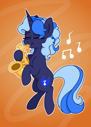 Size: 900x1250 | Tagged: safe, artist:pink-pone, oc, oc only, pony, unicorn, female, mare, music notes, musical instrument, saxophone, solo