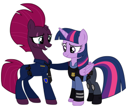 Size: 12012x10137 | Tagged: safe, artist:ejlightning007arts, tempest shadow, twilight sparkle, alicorn, pony, unicorn, g4, my little pony: the movie, base used, broken horn, crossover, eye scar, female, hoof on shoulder, horn, judy hopps, lesbian, mare, nick wilde, police, police officer, police uniform, ship:tempestlight, shipping, simple background, smiling, transparent background, twilight sparkle (alicorn), vector, zootopia