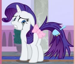Size: 479x404 | Tagged: safe, screencap, rarity, pony, unicorn, g4, school raze, bow, brush, butt, cropped, female, flank, makeup, mare, marshmelodrama, mascarity, messy tail, plot, rarity being rarity, rearity, ribbon, running makeup, solo, tail, tail bow