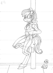 Size: 2550x3510 | Tagged: safe, artist:supra80, rarity, oc, oc:bittersweet, bird, pegasus, pigeon, anthro, unguligrade anthro, g4, clothes, female, headphones, high res, hoodie, jeans, monochrome, pants, sketch, solo, traditional art