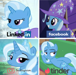 Size: 1000x986 | Tagged: safe, edit, edited screencap, screencap, trixie, pony, unicorn, g4, bags under eyes, bust, collage, dolly parton challenge, draw me like one of your french girls, facebook, female, grin, hat, instagram, linkedin, mare, smiling, tinder