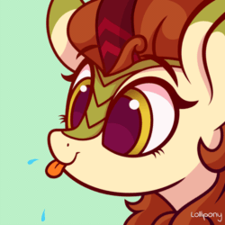 Size: 500x500 | Tagged: safe, artist:lollipony, part of a set, autumn blaze, kirin, :p, animated, awwtumn blaze, bust, cute, ear fluff, eye shimmer, female, happy, kirinbetes, mare, raspberry, raspberry noise, silly, simple background, smiling, solo, spit, spittle, tongue out, weapons-grade cute, ych result