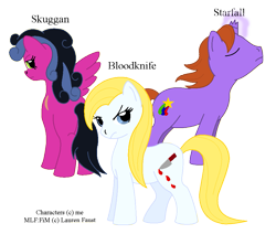 Size: 1003x852 | Tagged: safe, artist:chili19, oc, oc only, oc:bloodknife, oc:starfall, earth pony, pegasus, pony, unicorn, blood, broken horn, earth pony oc, eyes closed, female, frown, glowing horn, horn, knife, mare, pegasus oc, simple background, text, transparent background, unicorn oc, wings
