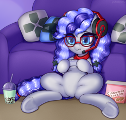 Size: 3000x2850 | Tagged: safe, alternate version, artist:yutakira92, oc, oc only, oc:cinnabyte, earth pony, pony, g4, cinnabetes, clothes, controller, couch, curly mane, cute, featureless crotch, female, gaming, glasses, headphones, high res, mare, meganekko, ocbetes, pillow, sfw edit, sfw version, solo, underhoof, ych result
