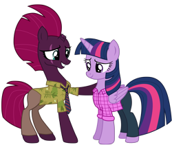Size: 12012x10137 | Tagged: safe, artist:ejlightning007arts, tempest shadow, twilight sparkle, alicorn, pony, unicorn, g4, my little pony: the movie, base used, broken horn, clothes, crossover, eye scar, female, hawaiian shirt, hoof on shoulder, horn, judy hopps, lesbian, mare, necktie, nick wilde, pink shirt, scar, ship:tempestlight, shipping, shirt, simple background, smiling, transparent background, twilight sparkle (alicorn), vector, zootopia