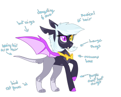 Size: 2500x2000 | Tagged: safe, artist:koloredkat, oc, oc only, oc:curiosity, original species, fangs, female, heterochromia, high res, mare, raised hoof, simple background, slit pupils, solo, text, transparent background