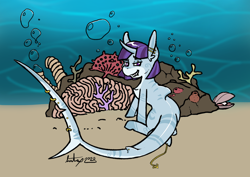 Size: 4000x2831 | Tagged: safe, artist:sondy, oc, oc:killi thaum, original species, pony, shark, shark pony, unicorn, anchor, barnacles, bubble, chest fluff, colored, coral, ear piercing, earring, flat colors, grin, jewelry, looking back, ocean, oyster, pearl, piercing, sharp teeth, simple background, sitting, smiling, snake bites, solo, tail piercing, tail ring, teeth, thresher shark, underwater