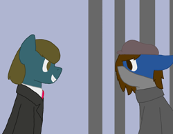 Size: 1510x1165 | Tagged: safe, artist:derpy_the_duck, oc, oc:clint, oc:lucky, earth pony, pony, fallout equestria, clothes, hat, mafia, prison cell, suit