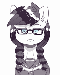 Size: 2458x3090 | Tagged: safe, artist:pabbley, oc, oc:tjane, oc:tjpones, 177013, braid, clothes, cursed image, emergence, glasses, high res, looking at you, parody, piercing, rule 63, saki yoshida, school uniform, style emulation, we are going to hell