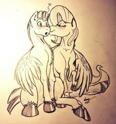 Size: 572x612 | Tagged: safe, artist:lucas_gaxiola, fluttershy, oc, pegasus, pony, g4, :o, bedroom eyes, blushing, canon x oc, chest fluff, female, heart, male, mare, open mouth, signature, stallion, straight, traditional art, unshorn fetlocks