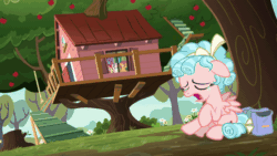 Size: 1000x562 | Tagged: safe, screencap, apple bloom, cozy glow, scootaloo, sweetie belle, earth pony, pegasus, pony, unicorn, g4, marks for effort, season 8, spoiler:s08, absurd file size, absurd gif size, animated, apple, apple tree, bag, clubhouse, crusaders clubhouse, crying, cutie mark crusaders, eyes closed, fake crying, female, filly, freckles, frown, gif, open mouth, sad, saddle bag, tree, tree stump, treehouse