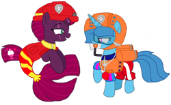 Size: 1754x1080 | Tagged: safe, artist:徐詩珮, fizzlepop berrytwist, spring rain, tempest shadow, seapony (g4), unicorn, series:sprglitemplight diary, series:sprglitemplight life jacket days, series:springshadowdrops diary, series:springshadowdrops life jacket days, g4, base used, broken horn, clothes, cute, female, horn, lesbian, lifeguard, lifeguard spring rain, paw patrol, seaponified, seapony tempest shadow, ship:springshadow, shipping, simple background, snorkeling, species swap, spring rain is not amused, springbetes, swimsuit, tempestbetes, transparent background, unamused