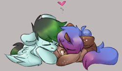 Size: 2000x1167 | Tagged: safe, artist:spoopygander, oc, oc only, oc:gryph xander, oc:midnight winds, pegasus, pony, unicorn, beanbrows, couple, cuddling, cute, eyebrows, eyebrows visible through hair, eyes closed, heart, middergryph