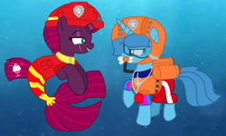 Size: 1799x1080 | Tagged: safe, artist:徐詩珮, fizzlepop berrytwist, spring rain, tempest shadow, seapony (g4), unicorn, series:sprglitemplight diary, series:sprglitemplight life jacket days, series:springshadowdrops diary, series:springshadowdrops life jacket days, g4, base used, broken horn, clothes, cute, female, horn, lesbian, lifeguard, lifeguard spring rain, paw patrol, photo, seaponified, seapony tempest shadow, ship:springshadow, shipping, snorkeling, species swap, spring rain is not amused, springbetes, swimsuit, tempestbetes, unamused