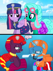 Size: 1080x1440 | Tagged: safe, artist:徐詩珮, fizzlepop berrytwist, glitter drops, spring rain, tempest shadow, twilight sparkle, alicorn, seapony (g4), unicorn, series:sprglitemplight diary, series:sprglitemplight life jacket days, series:springshadowdrops diary, series:springshadowdrops life jacket days, g4, alternate universe, bisexual, broken horn, chase (paw patrol), clothes, cute, dialogue, equestria girls outfit, female, glitterbetes, horn, lesbian, lifeguard, lifeguard spring rain, marshall (paw patrol), paw patrol, polyamory, seaponified, seapony tempest shadow, ship:glitterlight, ship:glittershadow, ship:sprglitemplight, ship:springdrops, ship:springlight, ship:springshadow, ship:springshadowdrops, ship:tempestlight, shipping, skye (paw patrol), snorkeling, species swap, spring rain is not amused, springbetes, swimsuit, tempestbetes, twilight sparkle (alicorn), unamused, zuma (paw patrol)