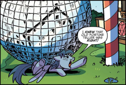 Size: 1590x1078 | Tagged: safe, artist:pencils, idw, oc, oc:sky shatter, pegasus, pony, spoiler:comic, spoiler:comic69, context is for the weak, cropped, disco ball, eyes closed, male, speech bubble, stallion, trapped, unnamed character, unnamed pony