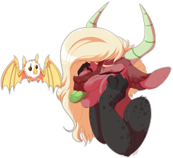 Size: 1710x1558 | Tagged: safe, artist:qatsby, oc, oc only, bat, fruit bat, bust, eyes closed, female, horns, interspecies offspring, magical gay spawn, offspring, parent:discord, parent:lord tirek, parents:tirekcord, simple background, solo, spots, squishy cheeks, tongue out, transparent background