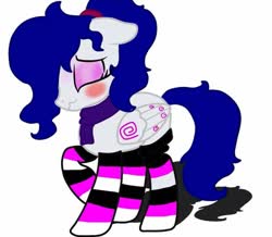 Size: 811x706 | Tagged: artist needed, safe, oc, oc only, oc:yanel love, pegasus, pony, blushing, clothes, eyes closed, female, full body, mare, scarf, shy, simple background, socks, solo, striped socks, tied hair, white background