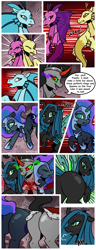 Size: 1500x3900 | Tagged: safe, artist:nancy-05, adagio dazzle, aria blaze, king sombra, nightmare moon, princess luna, queen chrysalis, sonata dusk, changeling, pony, siren, umbrum, unicorn, comic:fusing the fusions, comic:time of the fusions, g4, alicorn amulet, argument, blushing, bugbutt, butt, chest, chrysalass, clothes, comic, commissioner:bigonionbean, confusion, dialogue, dungeon, ethereal mane, evil planning in progress, extra thicc, fangs, female, flank, forced, fusion, gem, imminent fusion, jewelry, magic, mare, meme, necklace, nightmare moonbutt, nodding, panting, plot, prison, queen umbra, regalia, rule 63, shocked, siren gem, smiling, smirk, sombra eyes, speech bubble, spell, spirit, swelling, swollen, tartarus, the dazzlings, vein, vein bulge, wingless, writer:bigonionbean