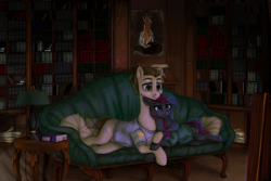 Size: 5400x3600 | Tagged: safe, artist:violettacamak, oc, oc only, oc:neighrator pony, oc:obabscribbler, earth pony, pony, book, bookshelf, clothes, couch, cuddling, duo, female, lamp, male, scribblerator, shipping, straight