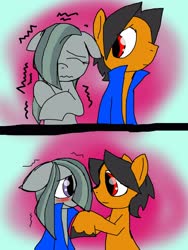 Size: 2448x3264 | Tagged: safe, artist:a.s.e, marble pie, oc, oc:a.s.e, earth pony, pony, g4, bipedal, canon x oc, clothes, cold, duo, female, floppy ears, high res, male, sharing, shivering, smiling