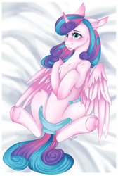Size: 2309x3431 | Tagged: safe, artist:themstap, princess flurry heart, alicorn, pony, g4, abdl, adult foal, blue diaper, blushing, commission, crying, diaper, diaper fetish, female, fetish, frog (hoof), high res, mare, non-baby in diaper, older, older flurry heart, on back, open diaper, solo, teary eyes, underhoof