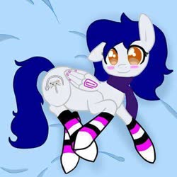 Size: 480x480 | Tagged: artist needed, safe, oc, oc only, oc:yanel love, pegasus, pony, blushing, clothes, female, full body, lying down, mare, scarf, smiling, socks, solo