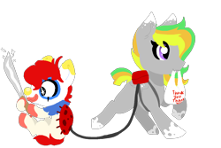 Size: 1500x1000 | Tagged: safe, artist:nootaz, oc, oc only, oc:jester jokes, oc:odd inks, earth pony, pegasus, pony, backpack, bag, clown, clown makeup, clown nose, couple, female, funny, grocery bag, knife, leash, machete, male, mare, mouth hold, simple background, stallion, transparent background, trotting
