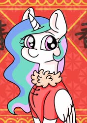 Size: 595x842 | Tagged: safe, artist:jess sunny, princess celestia, alicorn, pony, g4, abstract background, chinese, chinese new year, clothes, cute, cutelestia, female, folded wings, looking at you, smiling, solo, wings