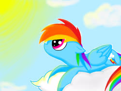 Size: 2048x1536 | Tagged: safe, artist:feather-red, artist:scoot0i0i08, rainbow dash, pegasus, pony, g4, cloud, cutie mark, female, floppy ears, lying on a cloud, mare, on a cloud, prone, solo, sun, white outline