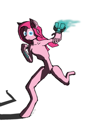 Size: 1000x1280 | Tagged: safe, artist:appletank, pinkie pie, cyborg, anthro, g4, arm cannon, artificial hoof, augmented, bipedal, fanfic art, female, sketchy, solo