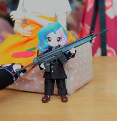 Size: 931x960 | Tagged: safe, artist:redness, applejack, princess celestia, principal celestia, equestria girls, g4, doll, equestria girls minis, eqventures of the minis, female, g3a4, gun, h&k g3, irl, malaysia, photo, toy, weapon