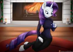 Size: 2800x2000 | Tagged: safe, artist:novaspark, rarity, unicorn, anthro, unguligrade anthro, g4, candle, chocolate, christmas, clothes, female, fire, fireplace, food, high res, holiday, hot chocolate, pants, solo, sweater