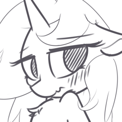 Size: 600x600 | Tagged: safe, artist:zzzsleepy, pony, unicorn, blushing, bust, chest fluff, female, mare, monochrome, nervous, simple background, sketch, solo