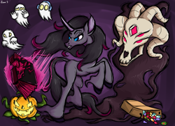 Size: 4200x3000 | Tagged: safe, alternate version, artist:ziemniax, fhtng th§ ¿nsp§kbl, oleander (tfh), classical unicorn, ghost, pony, undead, unicorn, them's fightin' herds, candy, cloven hooves, community related, food, halloween, holiday, horn, leonine tail, napstablook, pumpkin, undertale, unshorn fetlocks