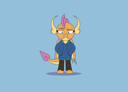 Size: 2870x2068 | Tagged: safe, artist:gd_inuk, smolder, dragon, g4, blue background, clothes, dragoness, female, hand in pocket, high res, hoodie, looking at you, pants, shrunken pupils, simple background, smolder is not amused, solo, standing, story included, unamused