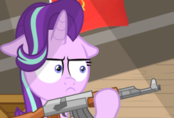 Size: 2500x1700 | Tagged: safe, artist:pizzamovies, starlight glimmer, pony, unicorn, g4, :i, ak-47, assault rifle, communism, crossing the memes, delet this, female, floppy ears, gun, hammer and sickle, holding, i mean i see, mare, meme, rifle, show accurate, solo, soviet union, stalin glimmer, weapon