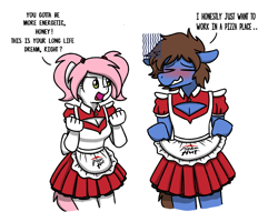 Size: 2560x2048 | Tagged: safe, artist:sugar morning, oc, oc only, oc:bizarre song, oc:sugar morning, anthro, blushing, boob window, clothes, costume, couple, crossdressing, cute, embarrassed, female, high res, maid, male, mare, meme, pizza hut, pizza hut maid dress, simple background, stallion, text, white background
