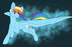Size: 3037x1974 | Tagged: safe, artist:fizzwings, rainbow dash, pegasus, pony, g4, abstract background, backwards cutie mark, cool, eye clipping through hair, female, hooves, mare, raised hoof, solo, spread wings, wings