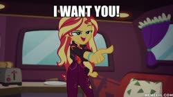 Size: 600x337 | Tagged: safe, edit, edited screencap, screencap, sunset shimmer, equestria girls, equestria girls specials, g4, my little pony equestria girls: better together, my little pony equestria girls: sunset's backstage pass, bread, caption, female, food, geode of empathy, image macro, magical geodes, meme, memeful.com, solo, text, toast, toaster