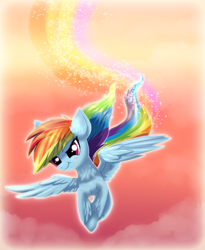 Size: 2215x2707 | Tagged: safe, artist:confetticakez, rainbow dash, pegasus, pony, g4, cool, female, flying, high res, mare, sky, solo, sunset
