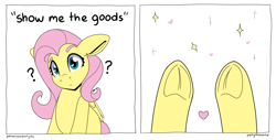 Size: 5920x3000 | Tagged: safe, artist:partypievt, fluttershy, pegasus, pony, g4, comic, confluttershy, confused, female, frog (hoof), heart eyes, hooves, innocent, meme, painfully innocent fluttershy, question mark, show me the goods, solo, text, underhoof, wingding eyes